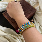 Thin Silk Thread Kundan Bangle-Blue-Square and Dots-G4941